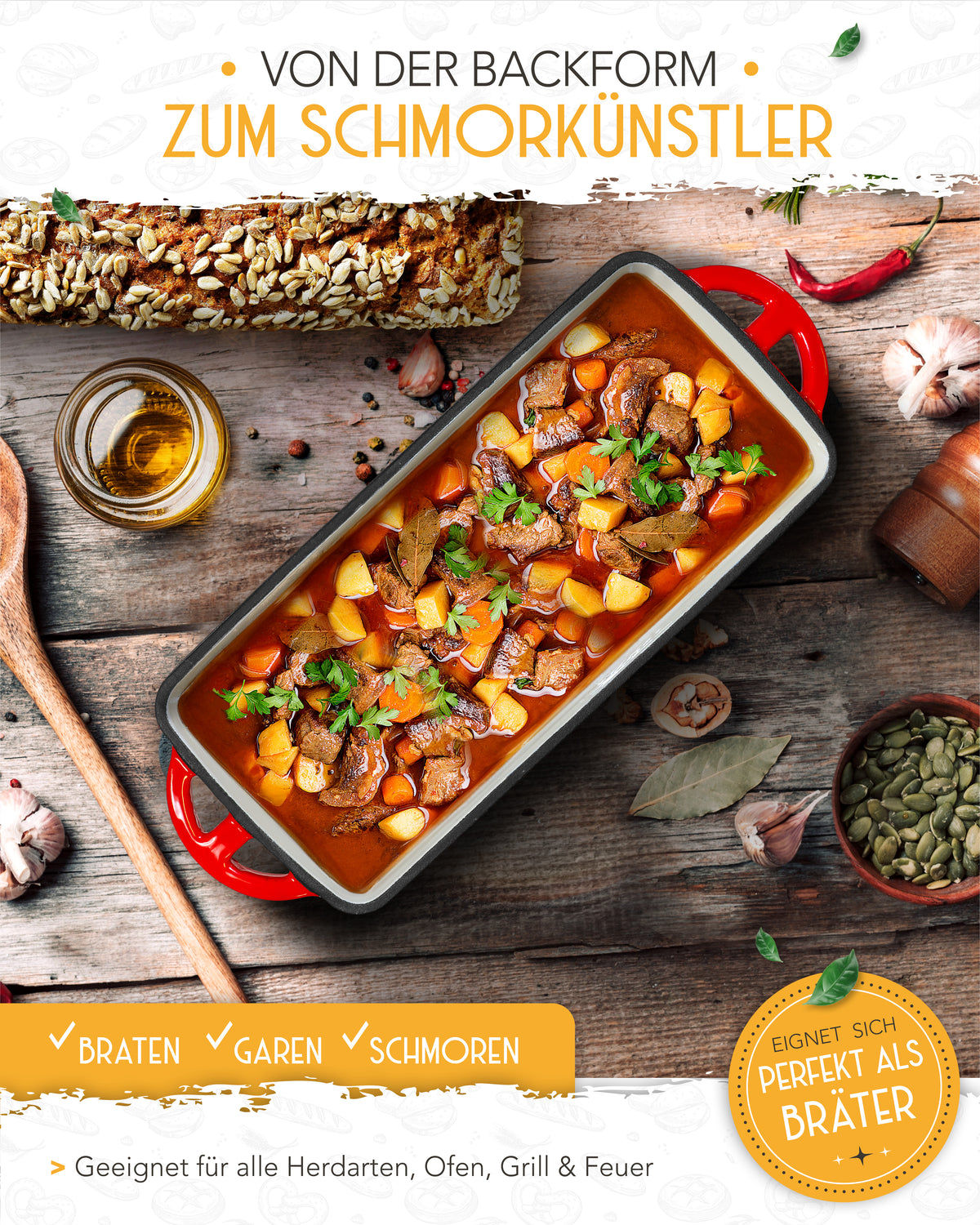Einsteiger-Set – Emaille Brotbackform 28cm mit Deckel Rot, Zubehör & Rezept-Booklet