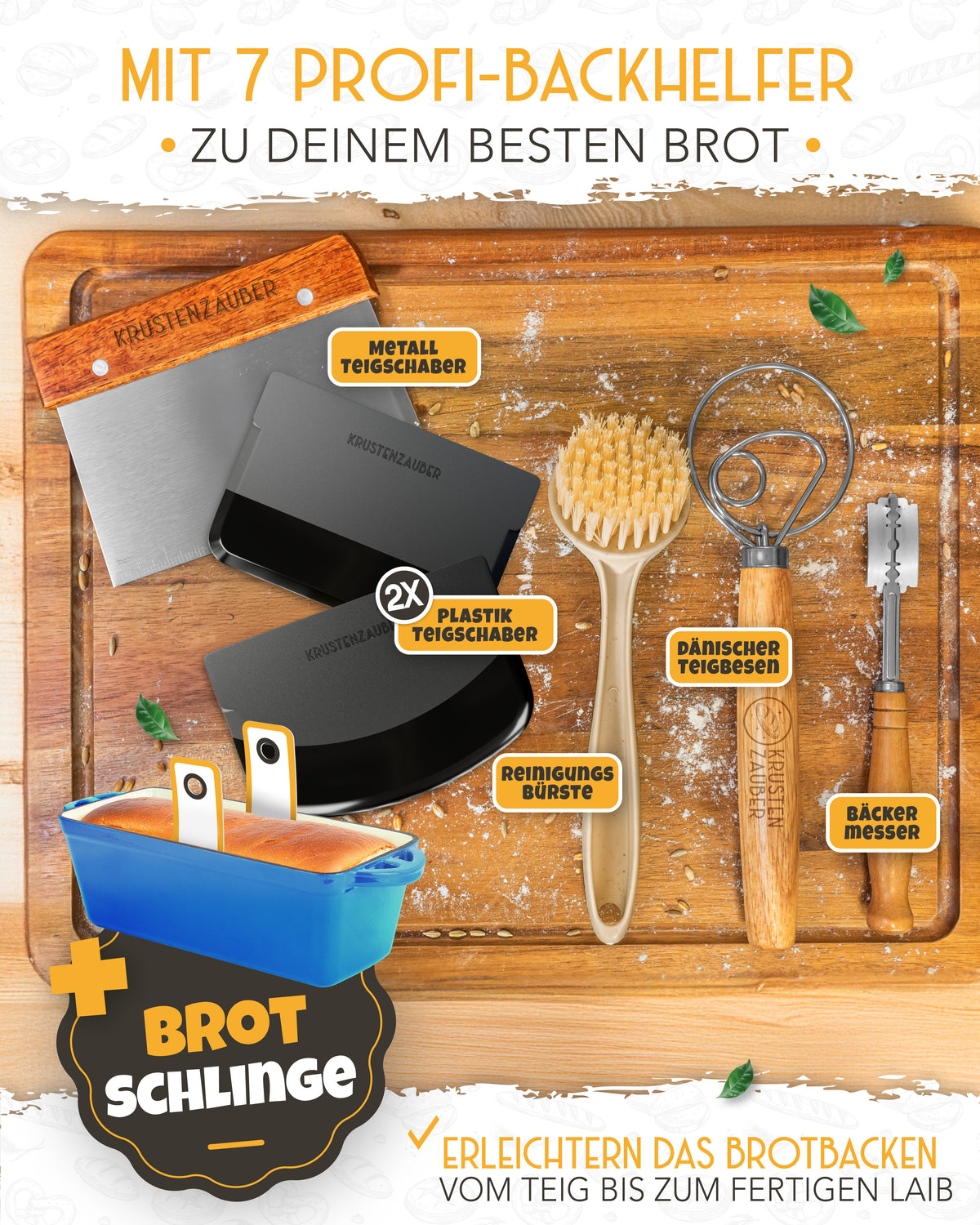 Einsteiger-Set – Emaille Brotbackform 28cm mit Deckel Blau, Zubehör & Rezept-Booklet