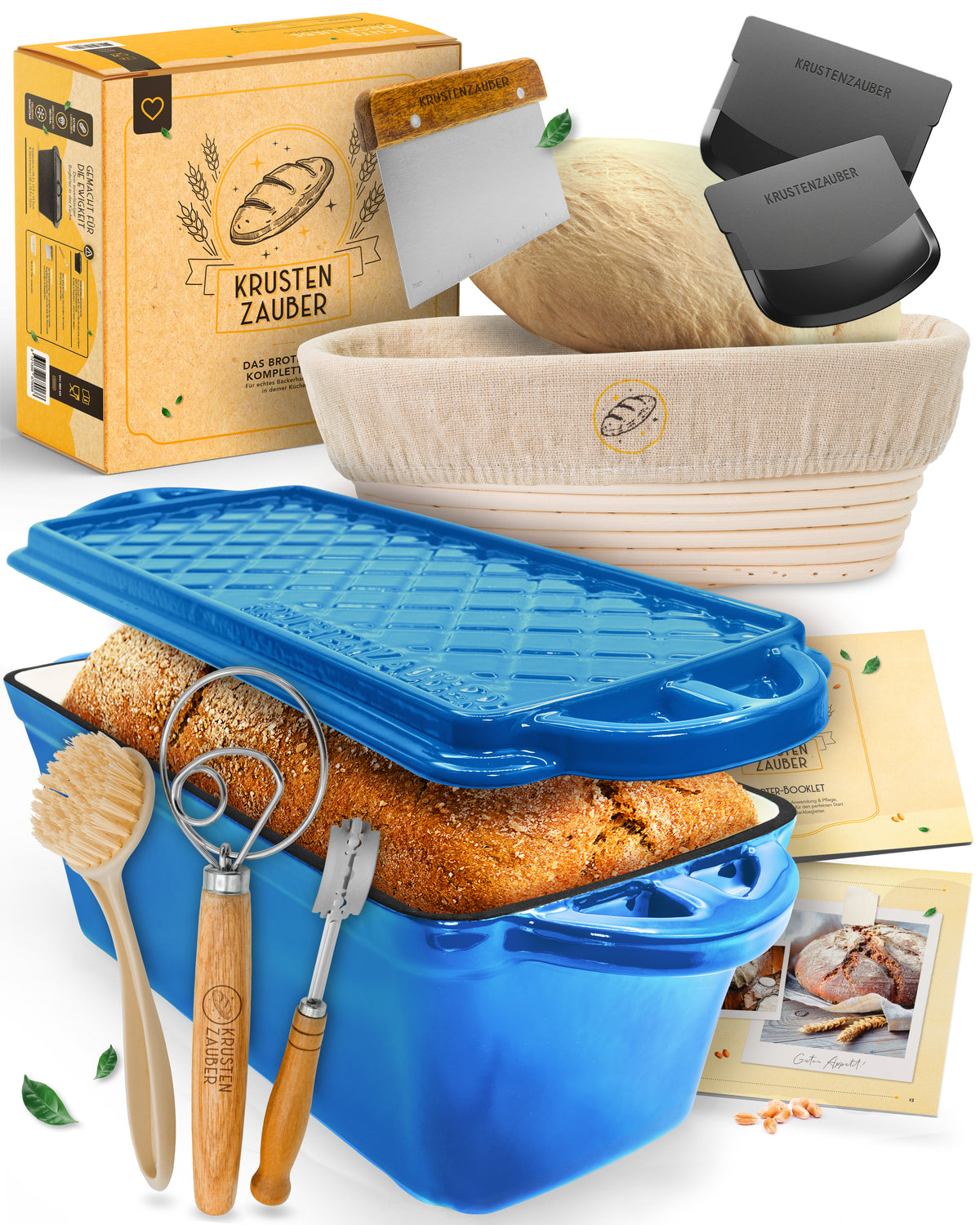 Einsteiger-Set – Emaille Brotbackform 28cm mit Deckel Blau, Zubehör & Rezept-Booklet