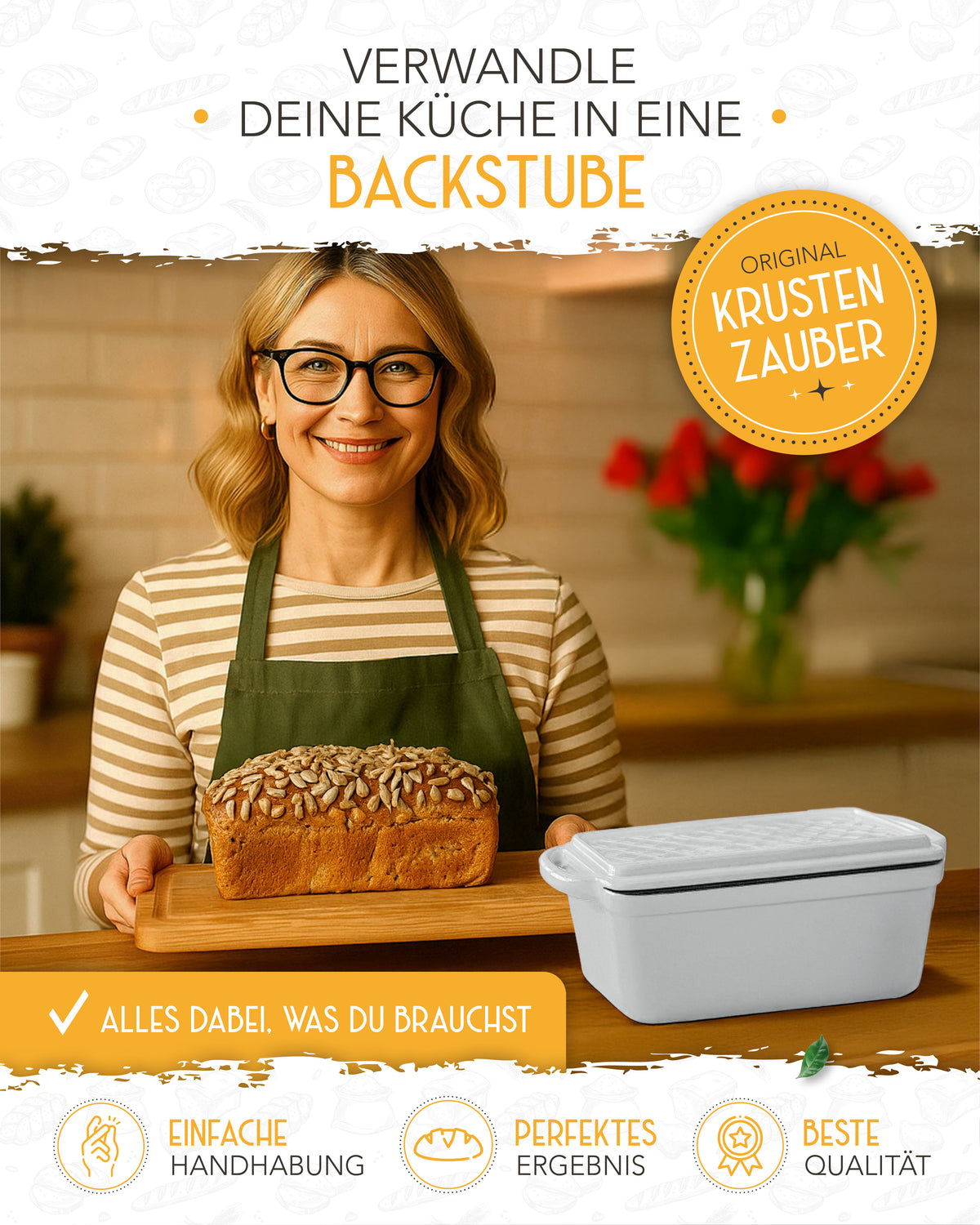 Einsteiger-Set – Emaille Brotbackform 28cm mit Deckel Weiß, Zubehör & Rezept-Booklet