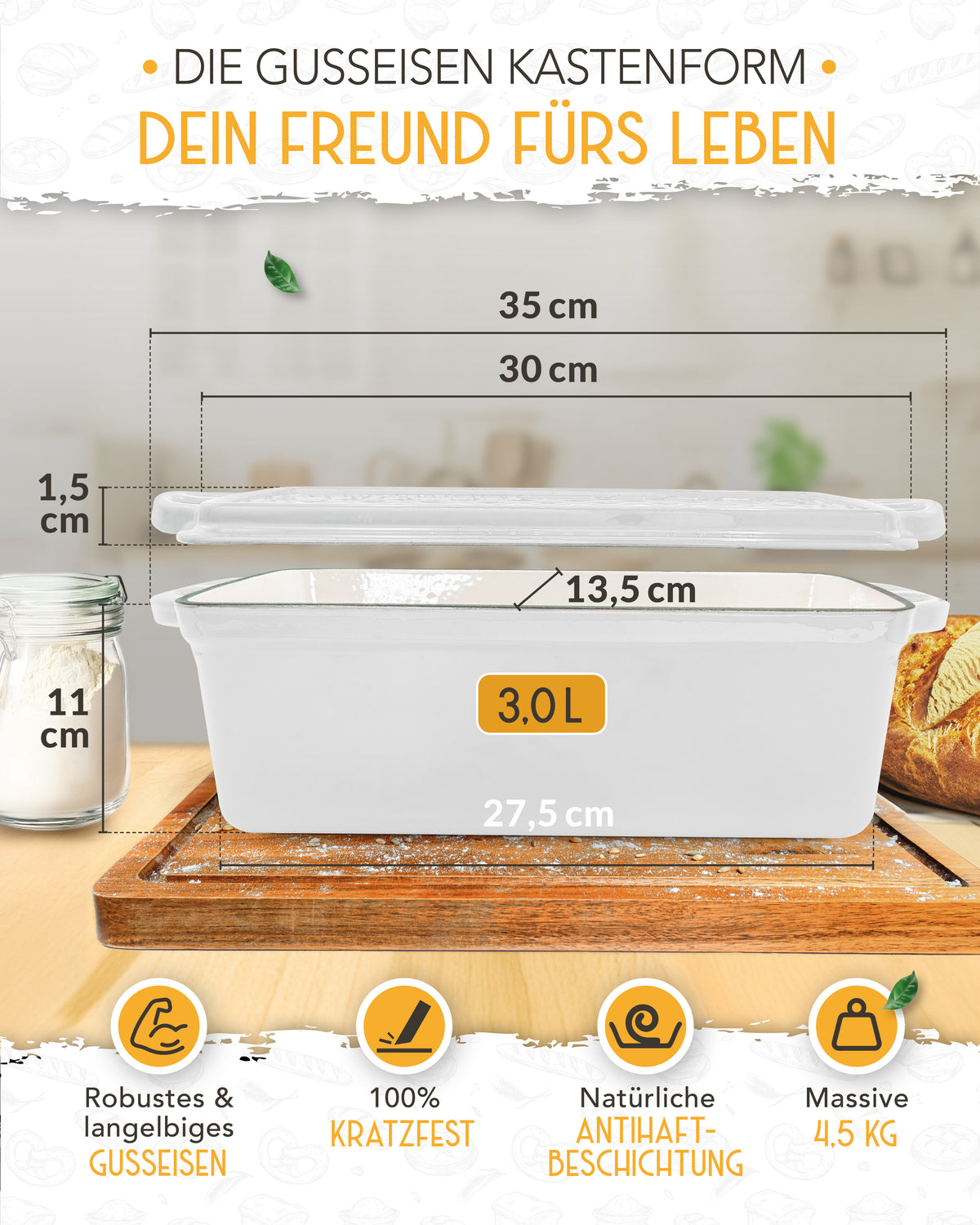 Einsteiger-Set – Emaille Brotbackform 28cm mit Deckel Weiß, Zubehör & Rezept-Booklet