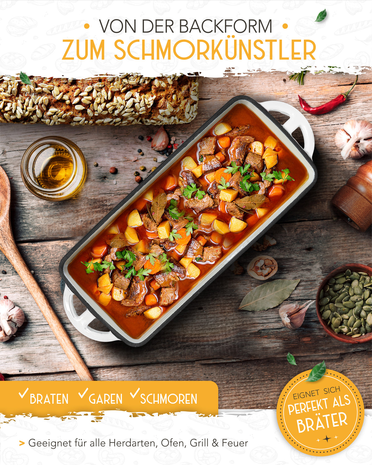 Einsteiger-Set – Emaille Brotbackform 28cm mit Deckel Weiß, Zubehör & Rezept-Booklet