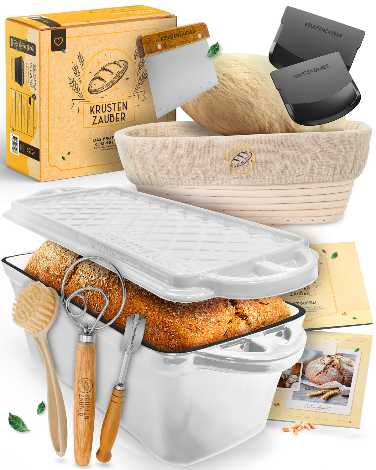 Einsteiger-Set – Emaille Brotbackform 28cm mit Deckel Weiß, Zubehör & Rezept-Booklet