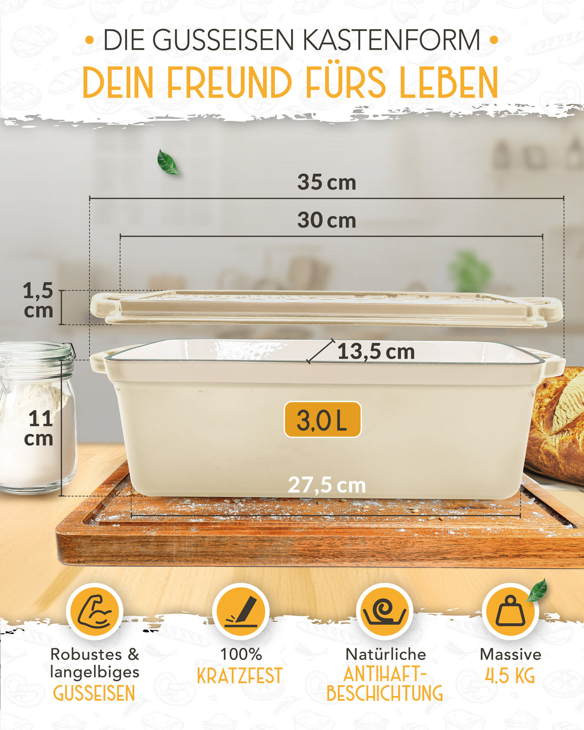 Einsteiger-Set – Emaille Brotbackform 28cm mit Deckel Creme, Zubehör & Rezept-Booklet