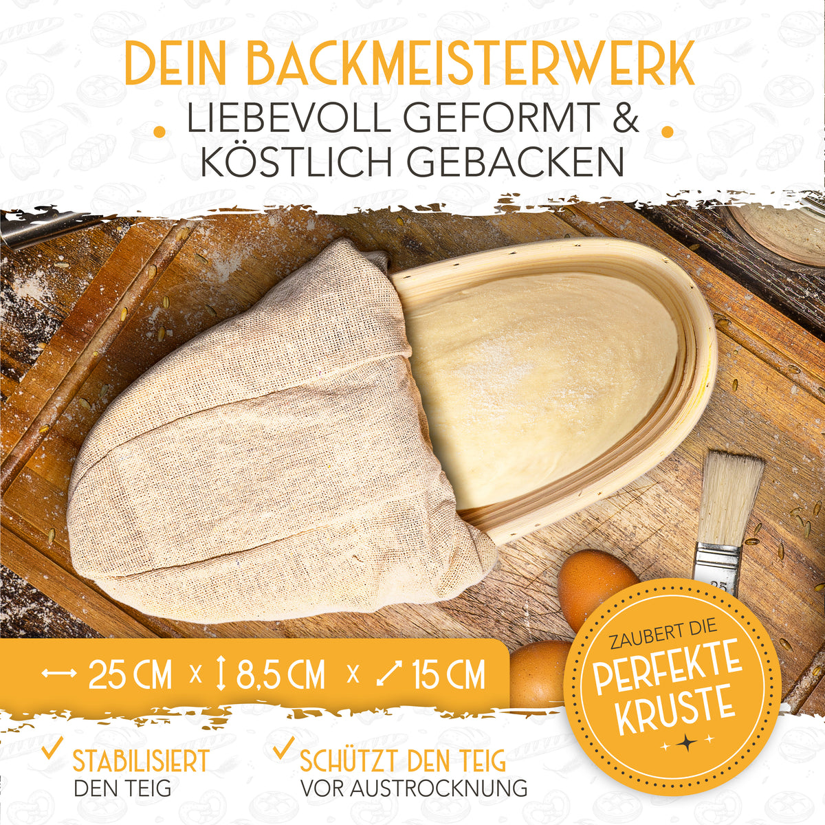 Vorteilspack - 2x Gärkörbchen, 600ml Sauerteig Starter Set, Bäckermesser, Spatel, Teigbesen, Teigkarte