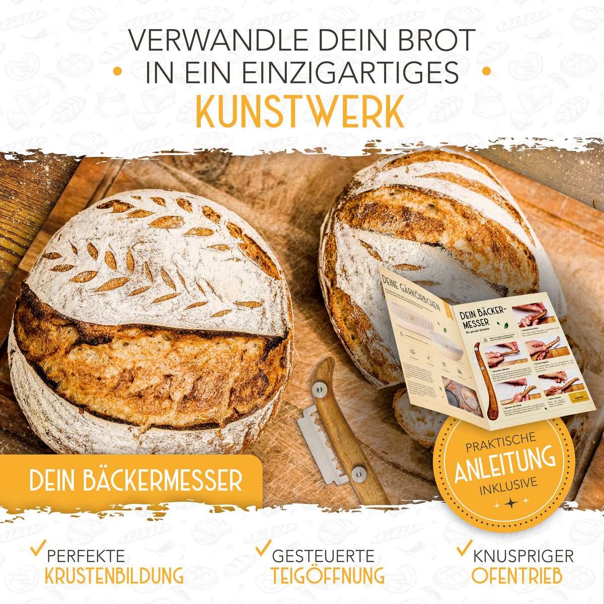 Vorteilspack - 2x Gärkörbchen, 600ml Sauerteig Starter Set, Bäckermesser, Spatel, Teigbesen, Teigkarte