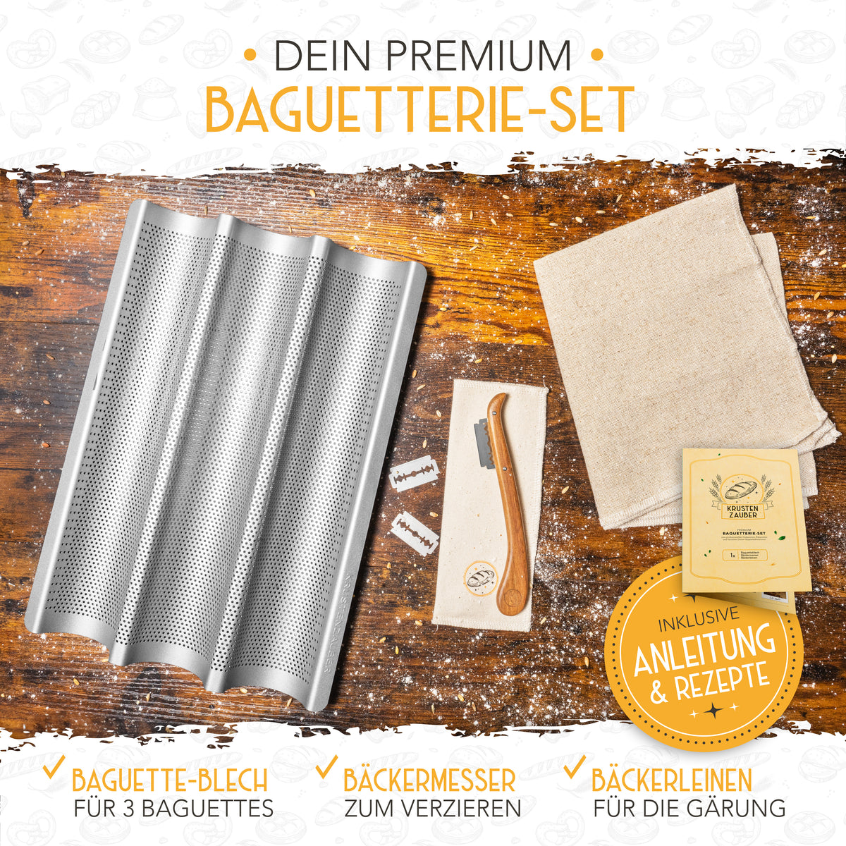 Baguette Backform (3 Mulden) + Bäckermesser + Bäckerleinen