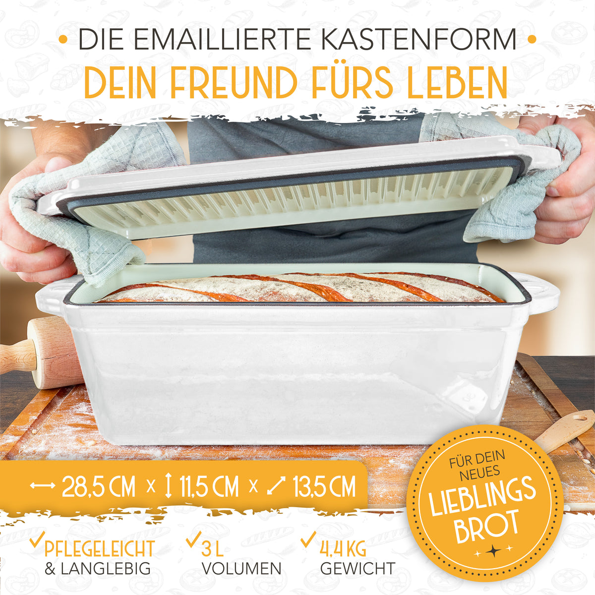 Emaille Brotbackform 28cm mit Deckel in Weiß