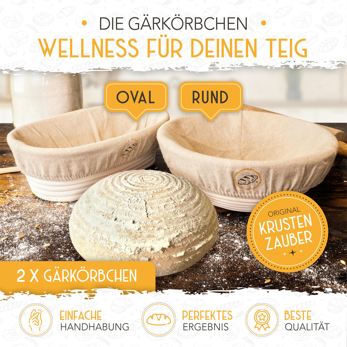 2 Krustenzauber Gärkörbchen, jeweils in der runden und der ovalen Ausführung stehen auf einem Tisch neben einem wunderbar aufgegangenem Teig.