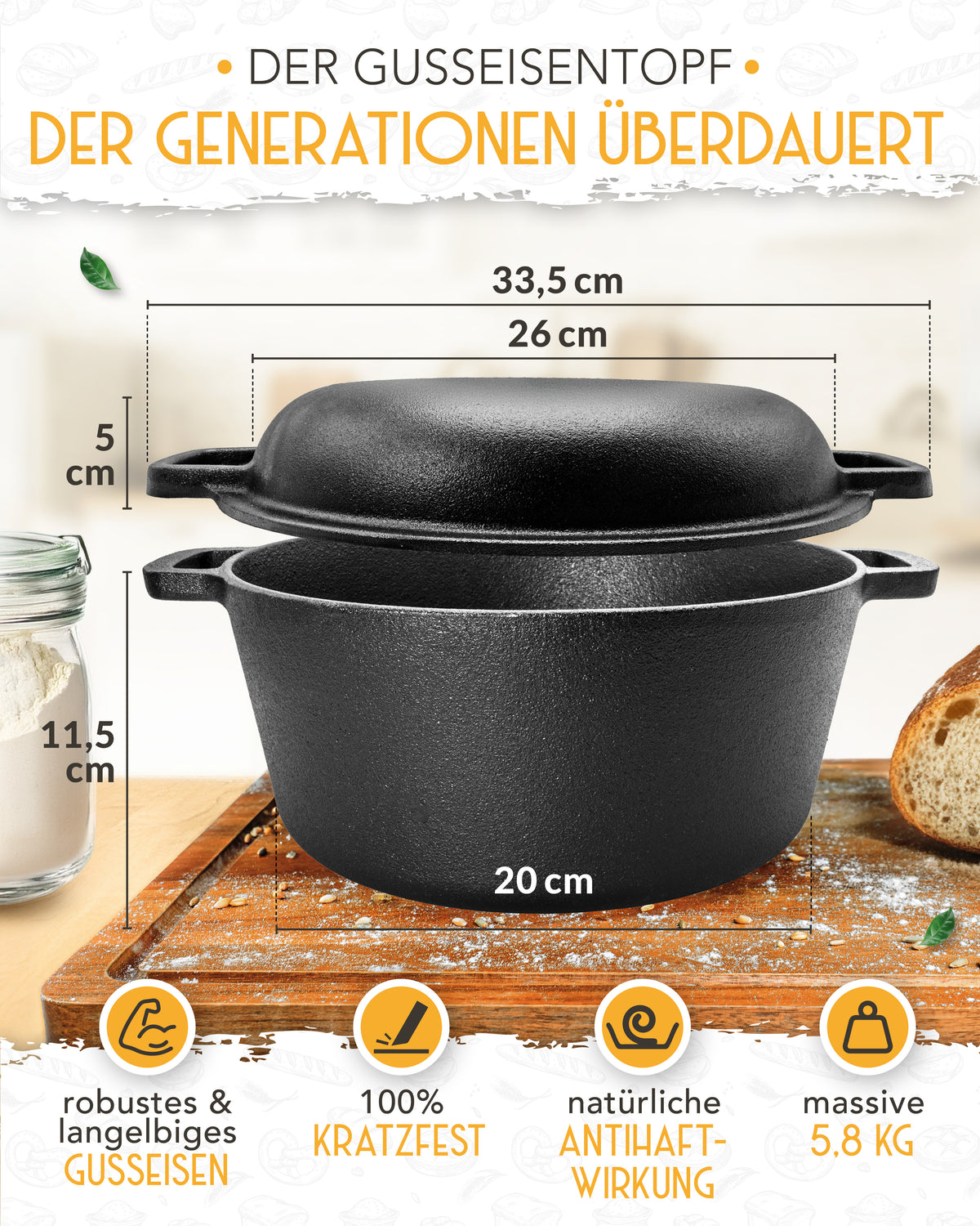 Brotliebe-Set – Gusseisentopf 4,7 l, Zubehör & Rezept-Booklet in stilvoller Verpackung