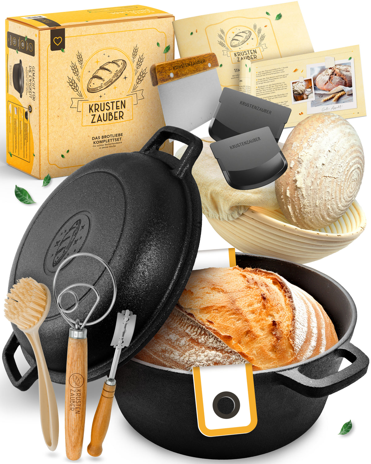 Brotliebe-Set – Gusseisentopf 4,7 l, Zubehör & Rezept-Booklet in stilvoller Verpackung