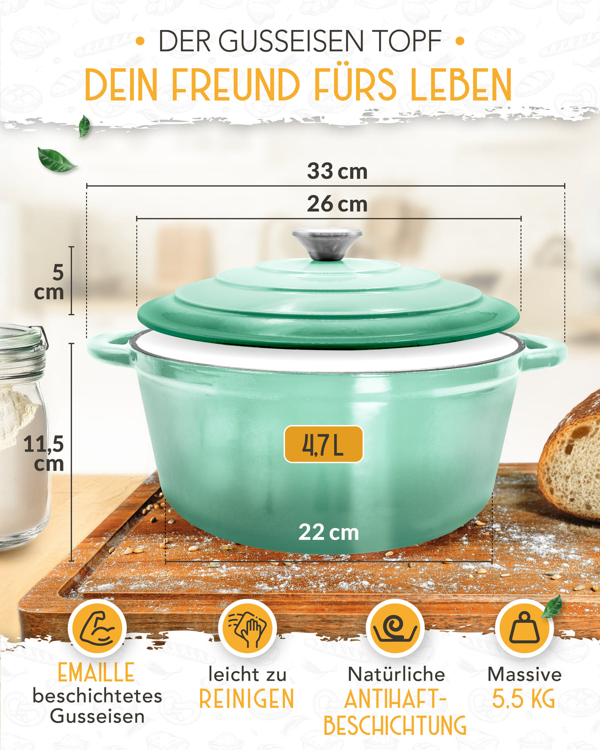 26cm Emaille Gusseisentopf in Mintgrün - Einzeln