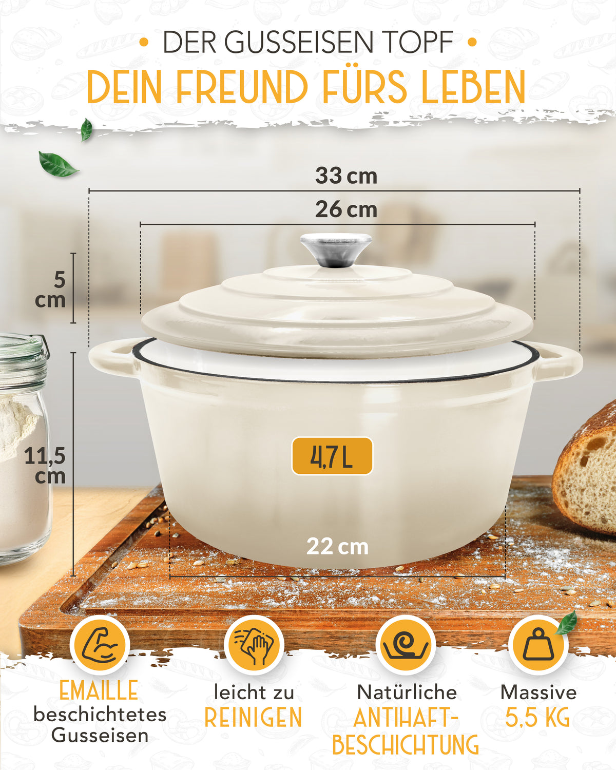 26cm Emaille Gusseisentopf in Creme - Einzeln