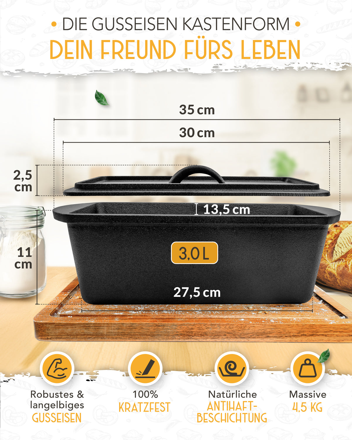 Einsteiger-Set – Gusseisen Brotbackform 28cm mit Deckel, Zubehör & Rezept-Booklet