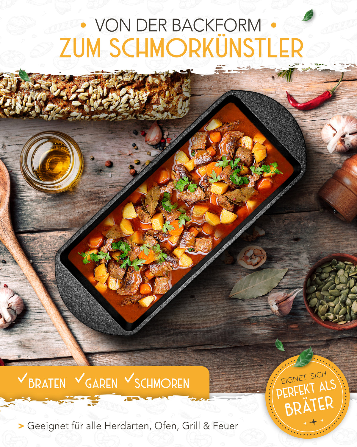 Einsteiger-Set – Gusseisen Brotbackform 28cm mit Deckel, Zubehör & Rezept-Booklet