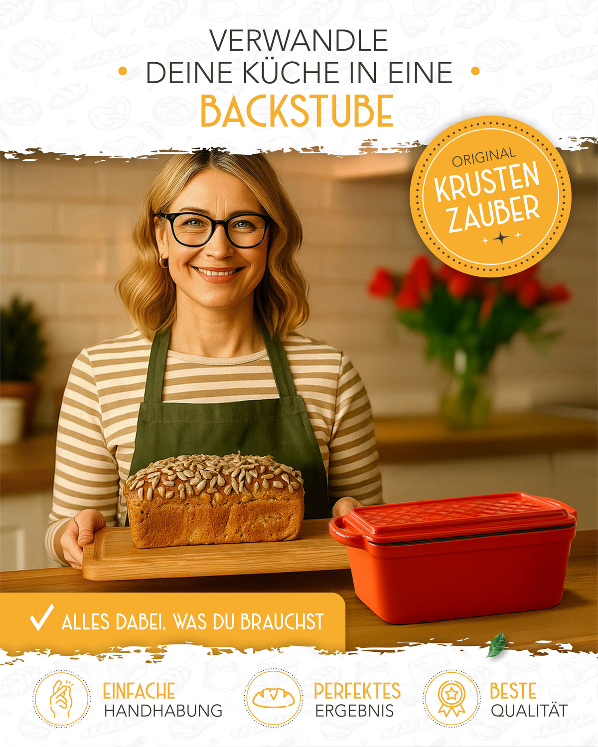 Einsteiger-Set – Emaille Brotbackform 28cm mit Deckel Rot, Zubehör & Rezept-Booklet