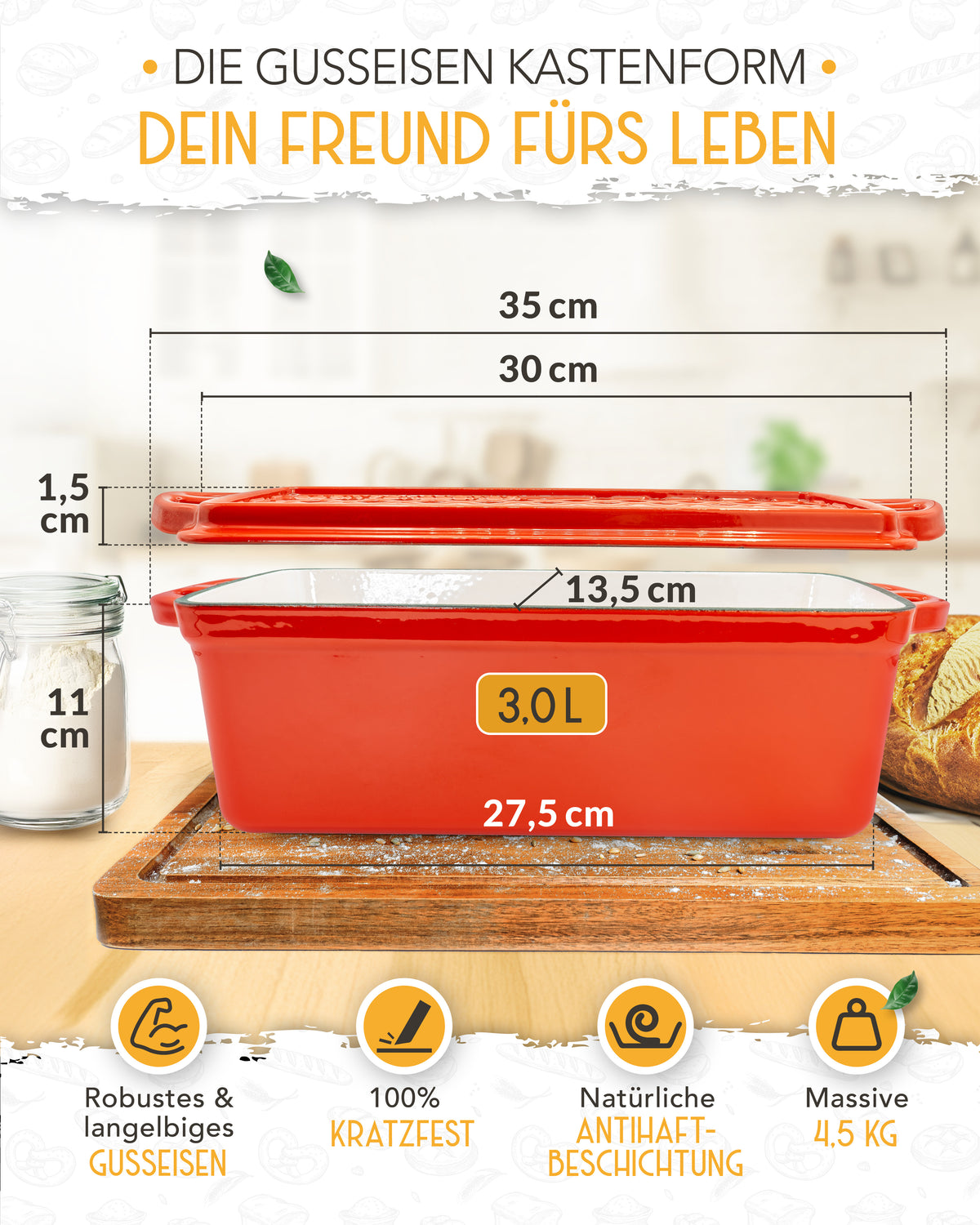 Einsteiger-Set – Emaille Brotbackform 28cm mit Deckel Rot, Zubehör & Rezept-Booklet