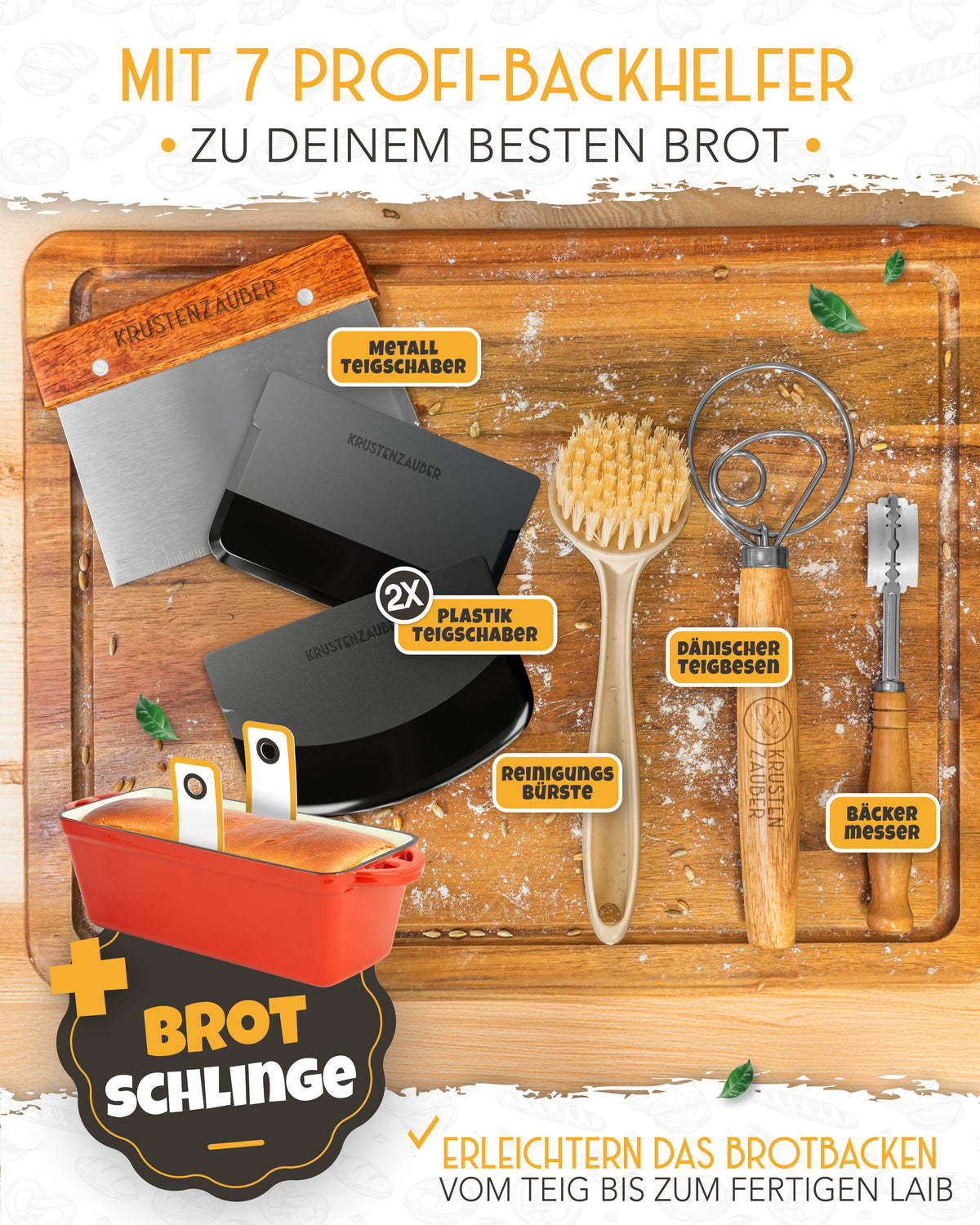 Einsteiger-Set – Emaille Brotbackform 28cm mit Deckel Rot, Zubehör & Rezept-Booklet