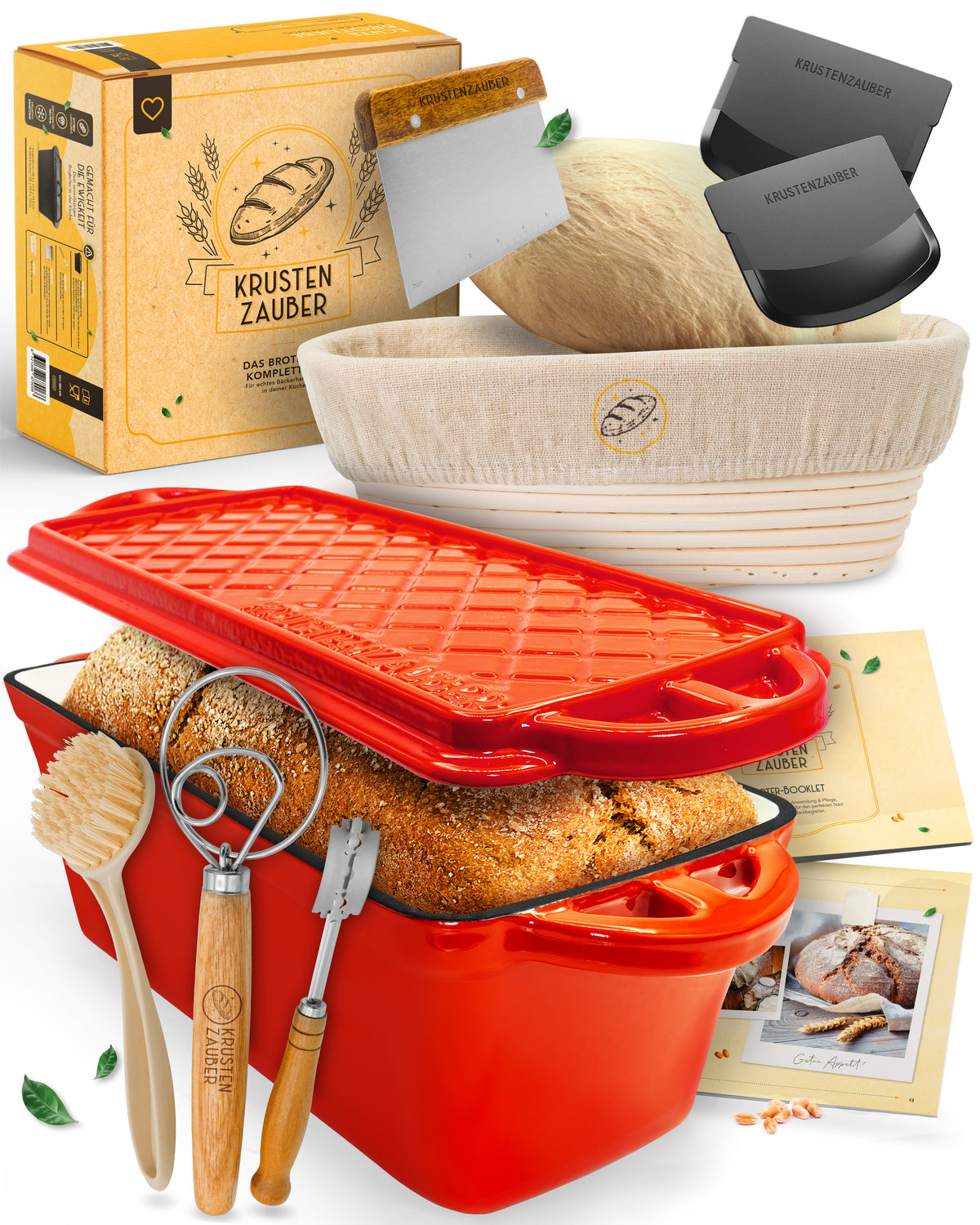 Einsteiger-Set – Emaille Brotbackform 28cm mit Deckel Rot, Zubehör & Rezept-Booklet