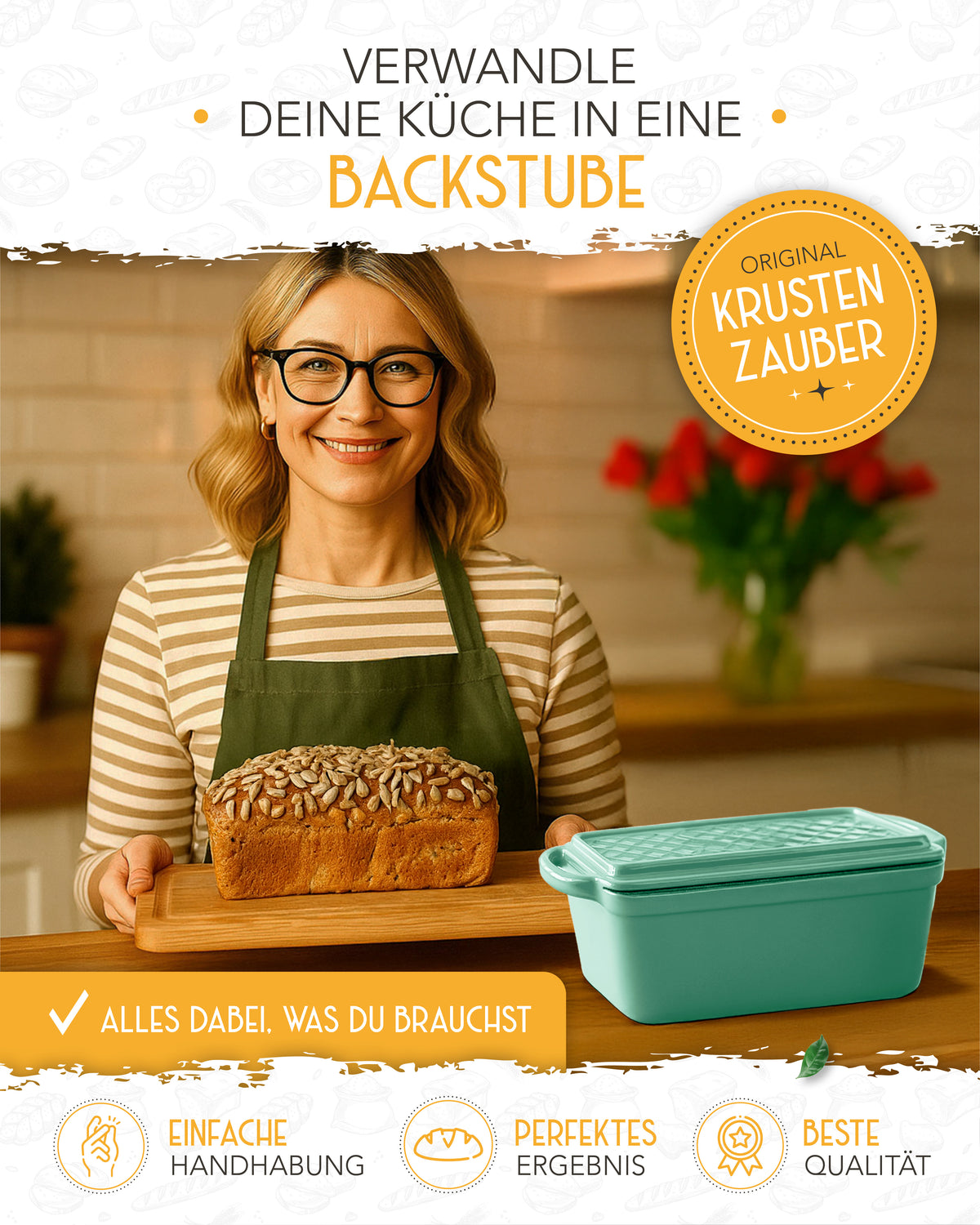 Einsteiger-Set – Emaille Brotbackform 28cm mit Deckel Mint, Zubehör & Rezept-Booklet