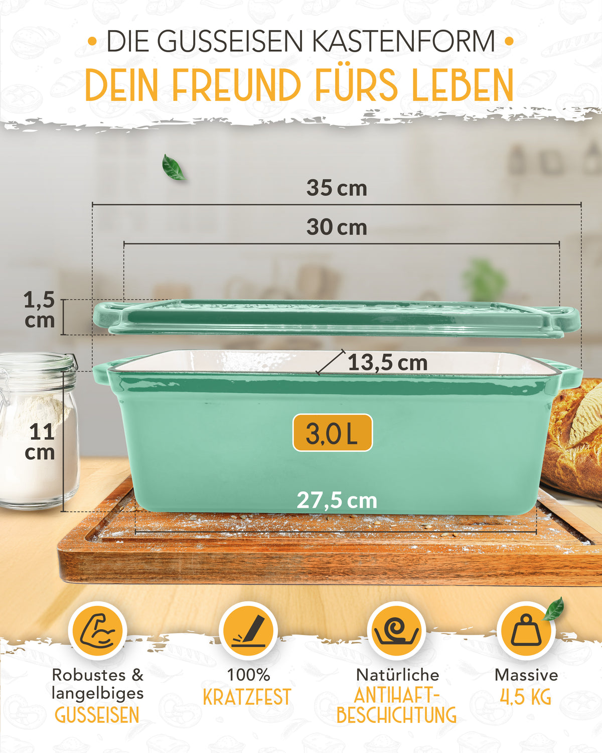Einsteiger-Set – Emaille Brotbackform 28cm mit Deckel Mint, Zubehör & Rezept-Booklet