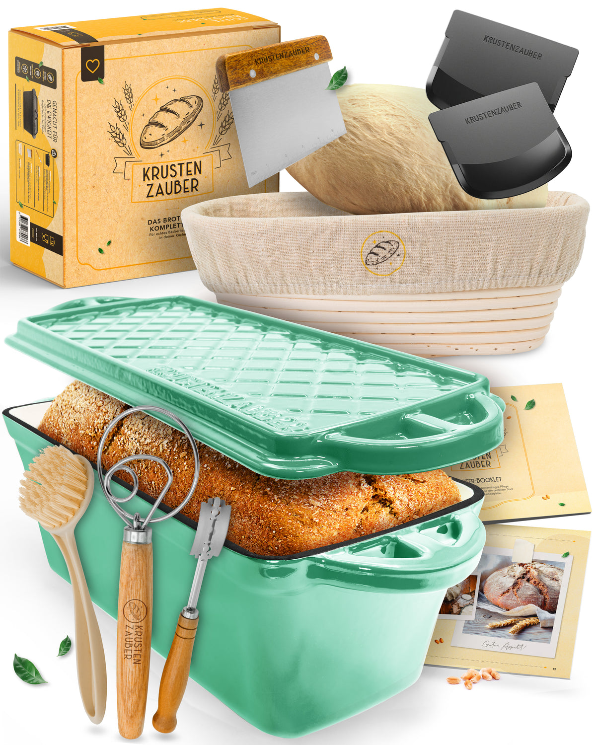 Einsteiger-Set – Emaille Brotbackform 28cm mit Deckel Mint, Zubehör & Rezept-Booklet