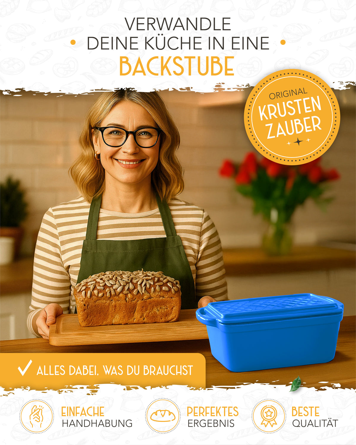 Einsteiger-Set – Emaille Brotbackform 28cm mit Deckel Blau, Zubehör & Rezept-Booklet