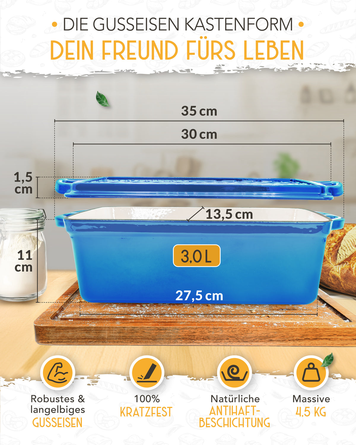 Einsteiger-Set – Emaille Brotbackform 28cm mit Deckel Blau, Zubehör & Rezept-Booklet