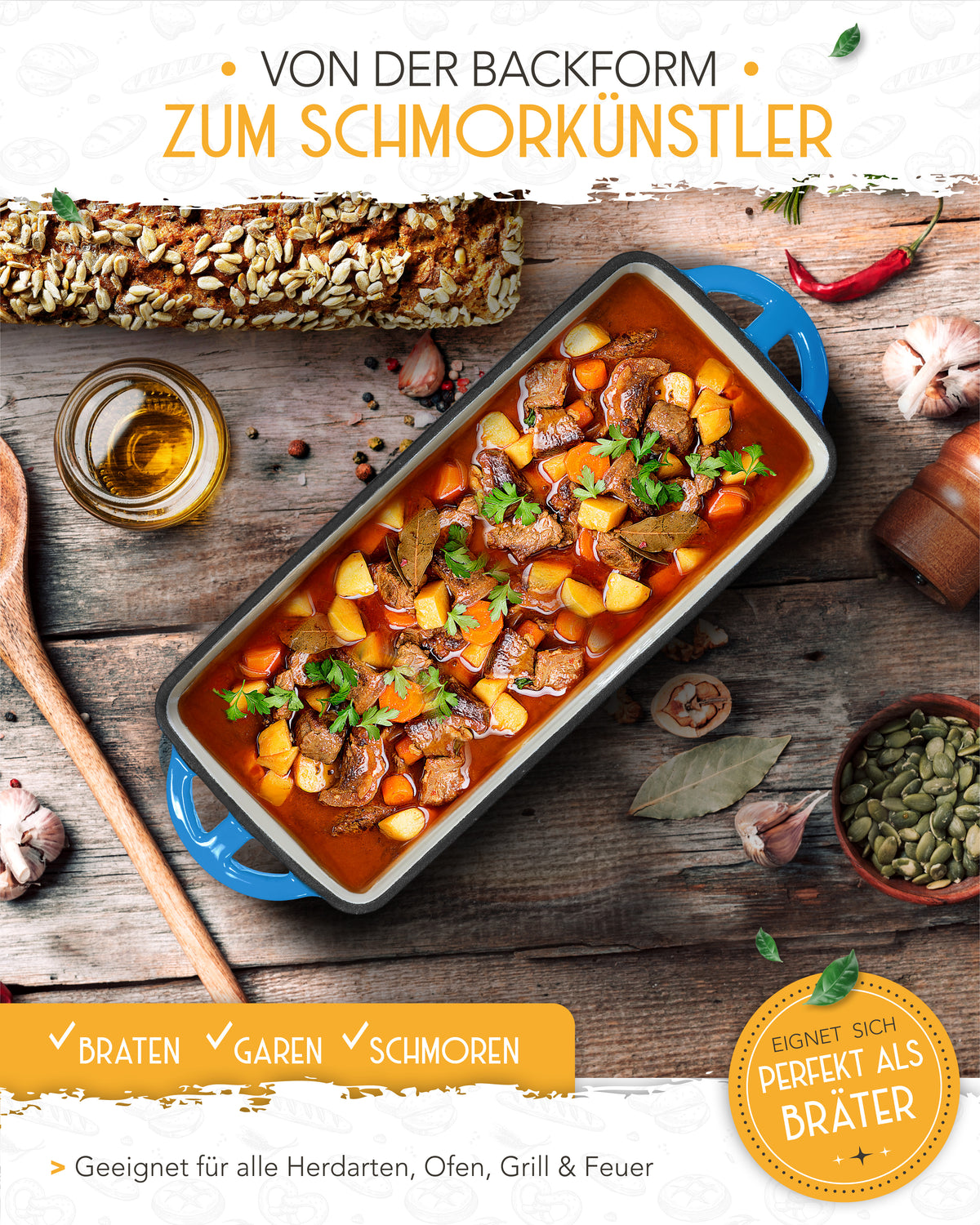 Einsteiger-Set – Emaille Brotbackform 28cm mit Deckel Blau, Zubehör & Rezept-Booklet