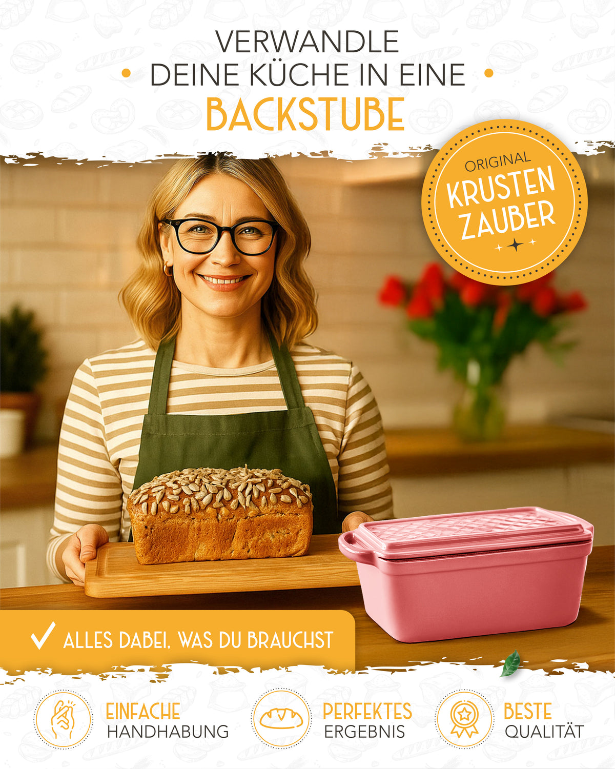 Einsteiger-Set – Emaille Brotbackform 28cm mit Deckel Rosa, Zubehör & Rezept-Booklet