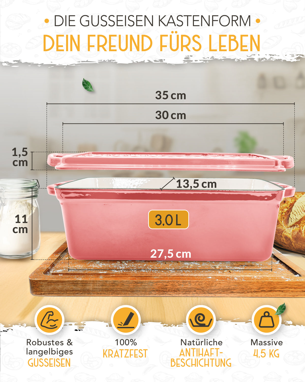 Einsteiger-Set – Emaille Brotbackform 28cm mit Deckel Rosa, Zubehör & Rezept-Booklet