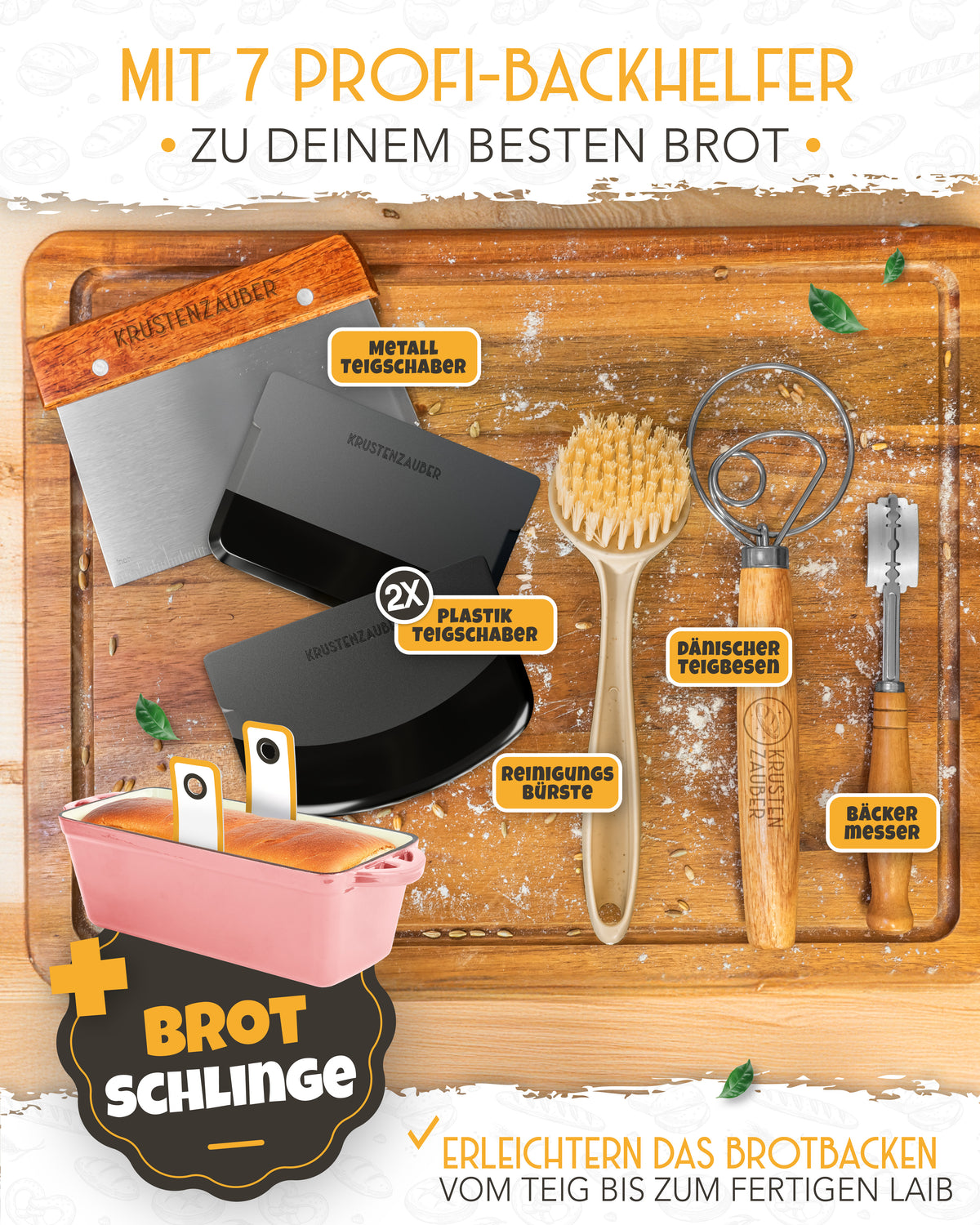Einsteiger-Set – Emaille Brotbackform 28cm mit Deckel Rosa, Zubehör & Rezept-Booklet