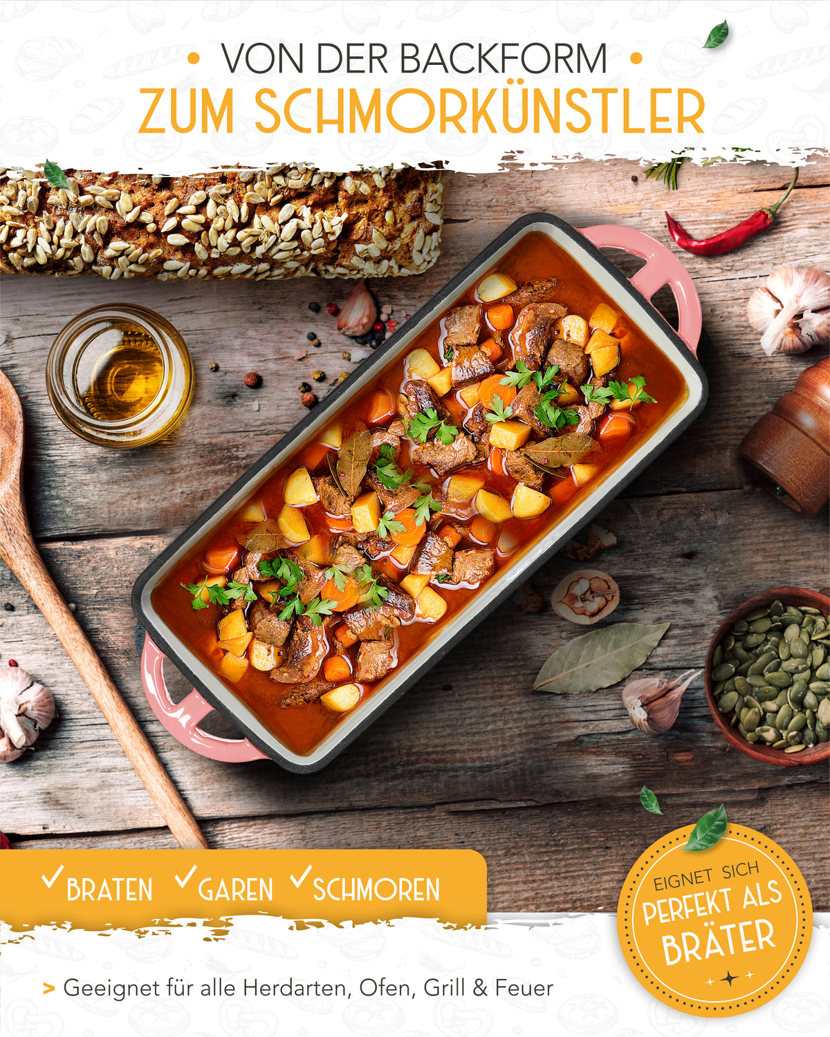 Einsteiger-Set – Emaille Brotbackform 28cm mit Deckel Rosa, Zubehör & Rezept-Booklet