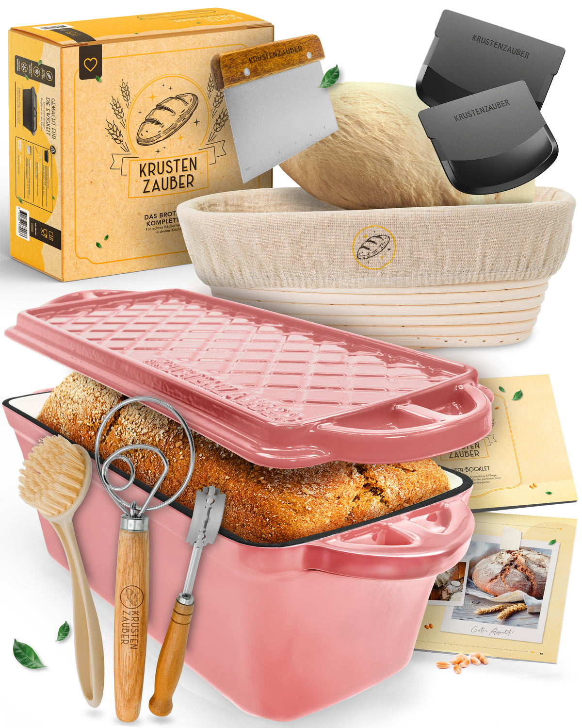 Einsteiger-Set – Emaille Brotbackform 28cm mit Deckel Rosa, Zubehör & Rezept-Booklet