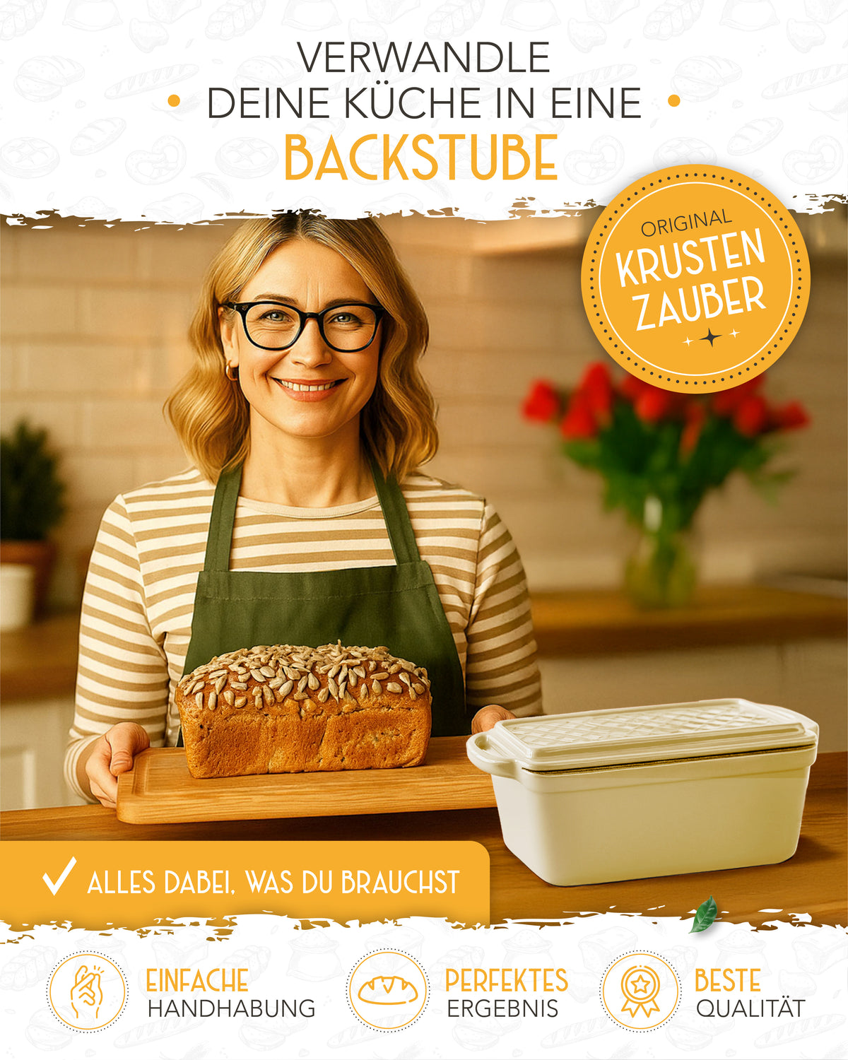 Einsteiger-Set – Emaille Brotbackform 28cm mit Deckel Creme, Zubehör & Rezept-Booklet
