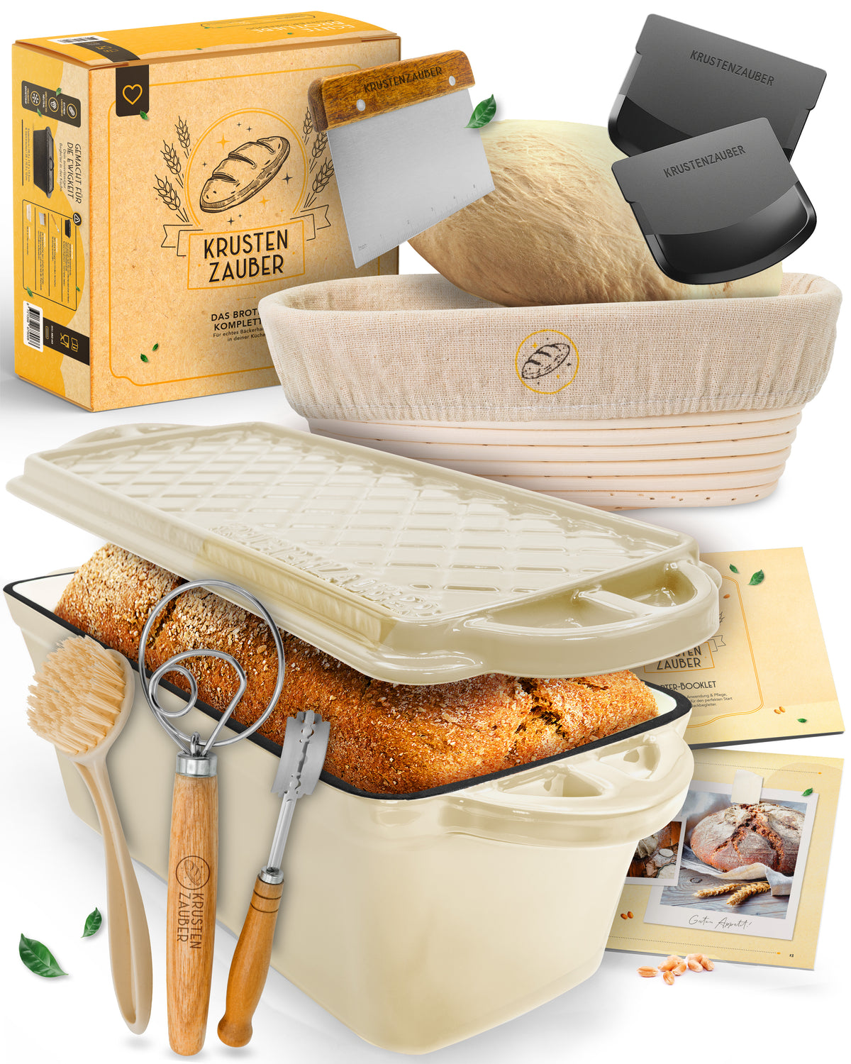 Einsteiger-Set – Emaille Brotbackform 28cm mit Deckel Creme, Zubehör & Rezept-Booklet