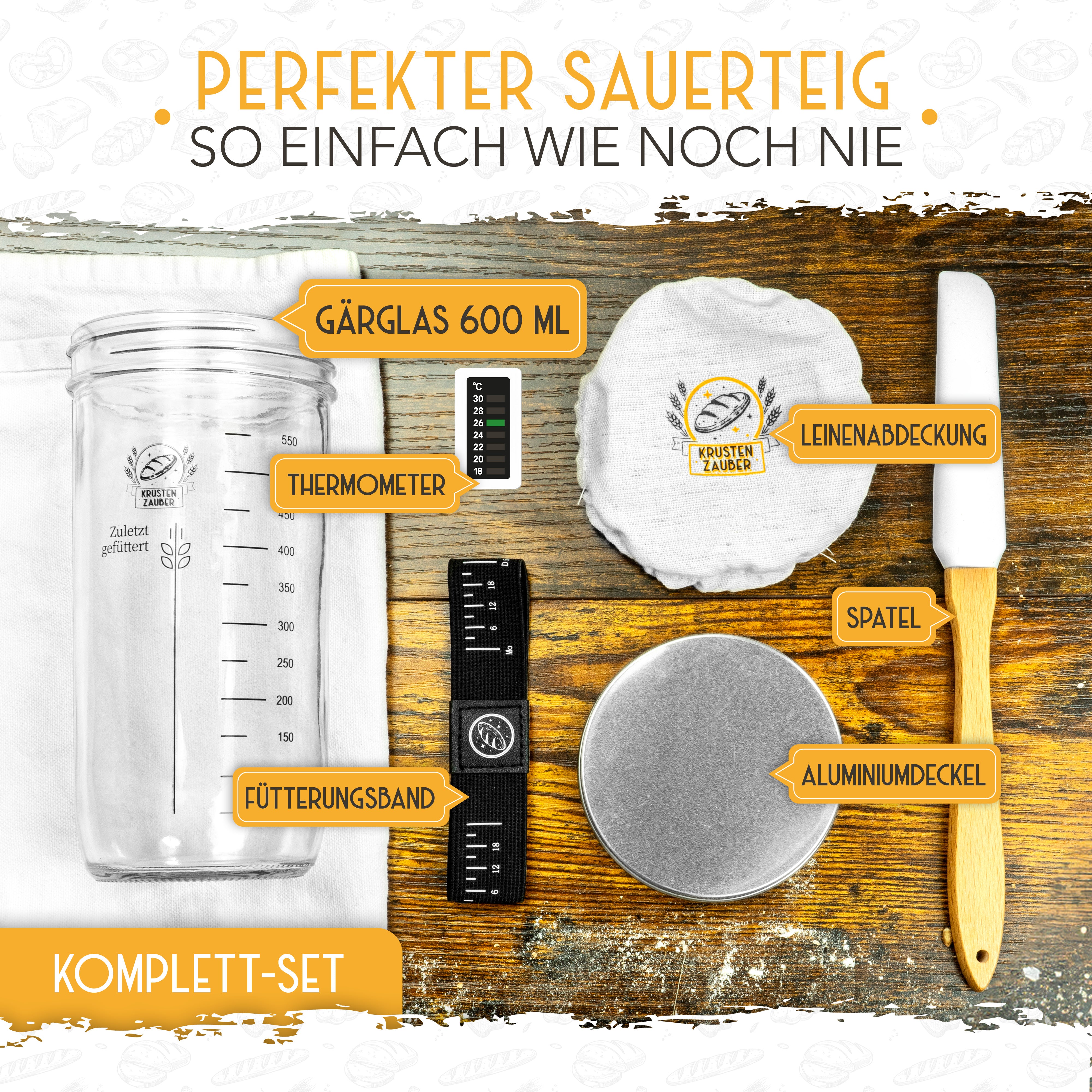 Vorteilspack - 2x Gärkörbchen, 600ml Sauerteig Starter Set, Bäckermesser, Spatel, Teigbesen, Teigkarte