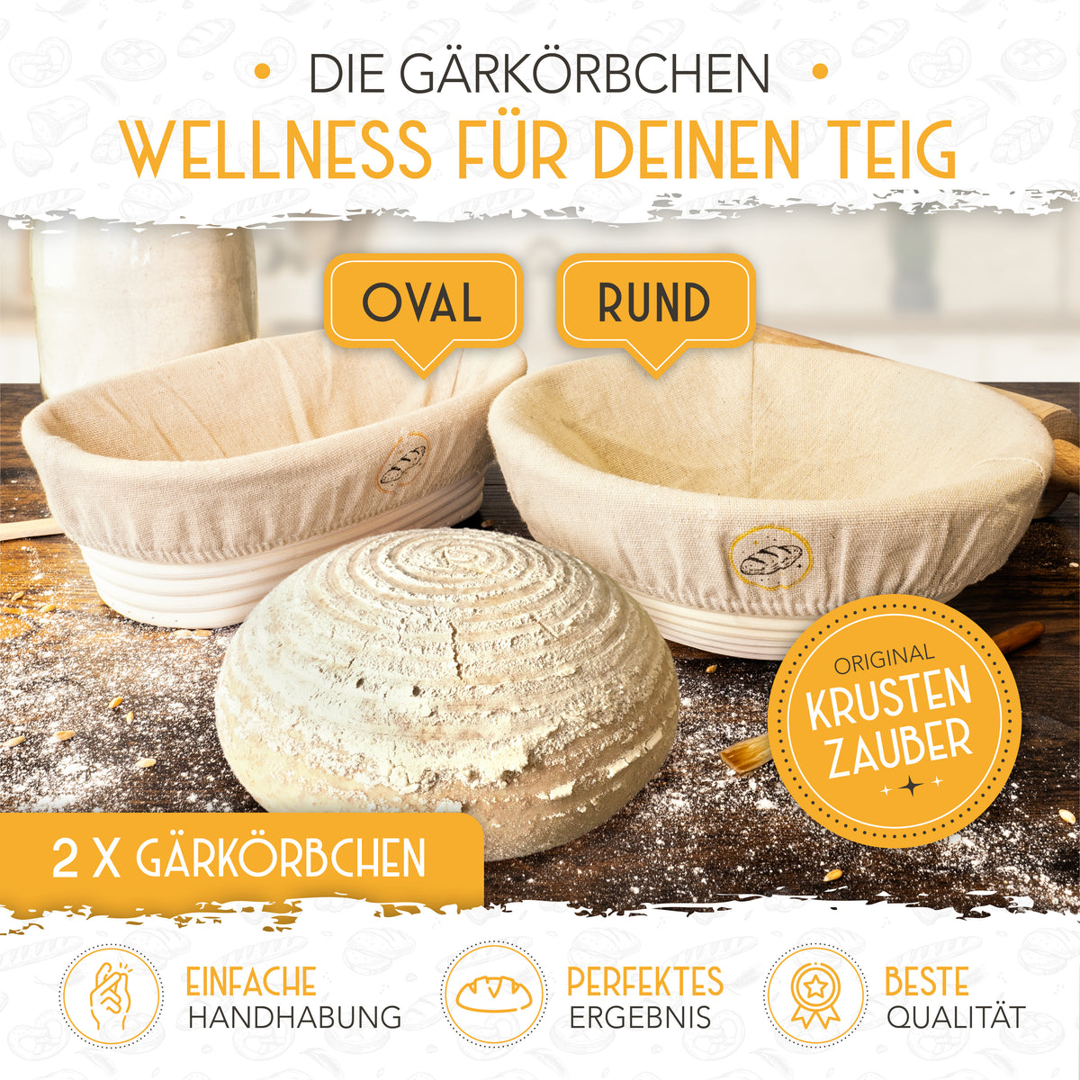 Vorteilspack - 2x Gärkörbchen, 600ml Sauerteig Starter Set, Bäckermesser, Spatel, Teigbesen, Teigkarte