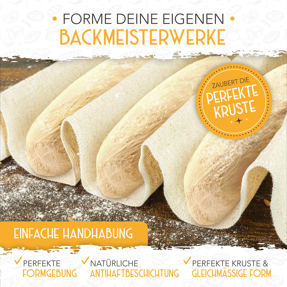 Baguette Backform (3 Mulden) + Bäckermesser + Bäckerleinen