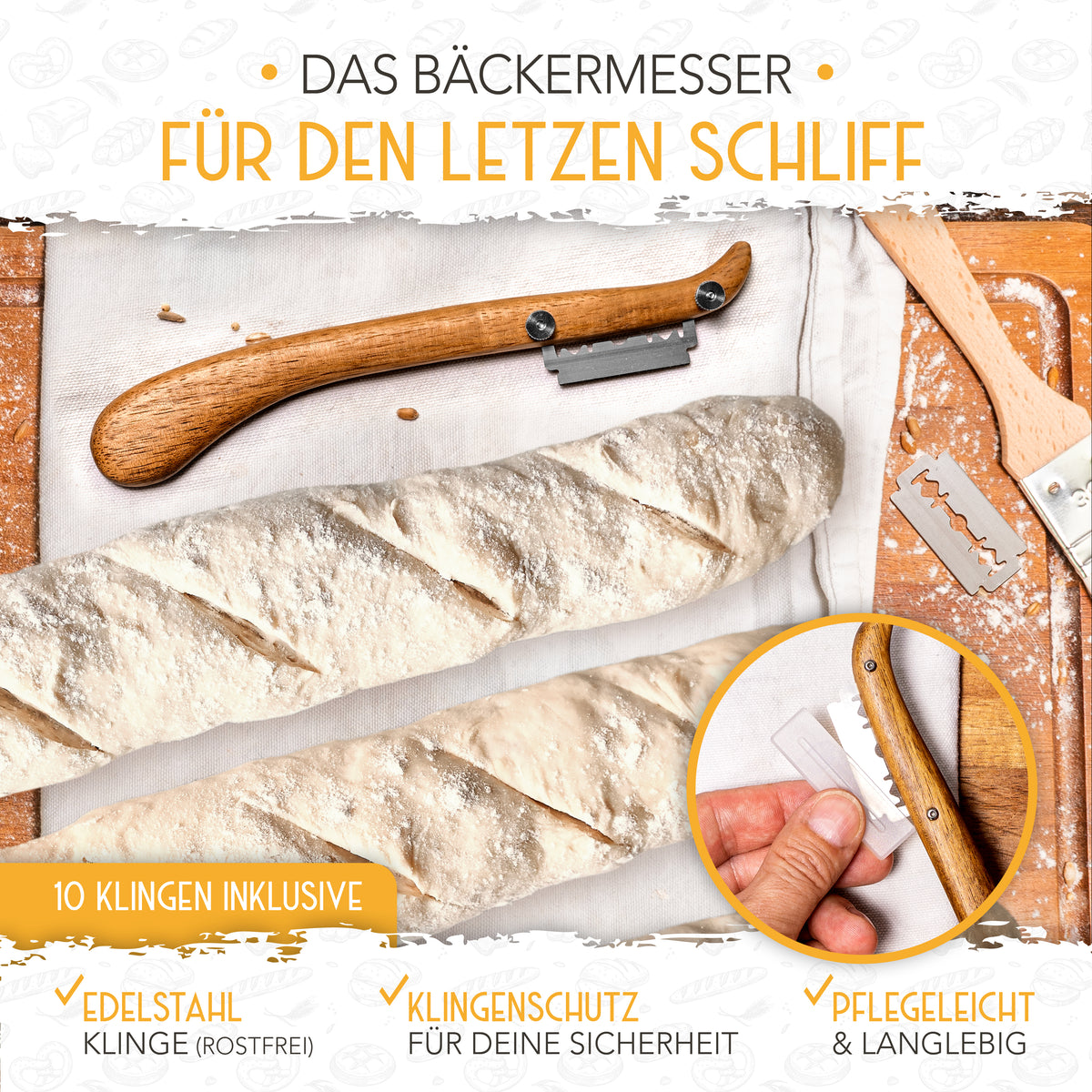 Baguette Backform (3 Mulden) + Bäckermesser + Bäckerleinen