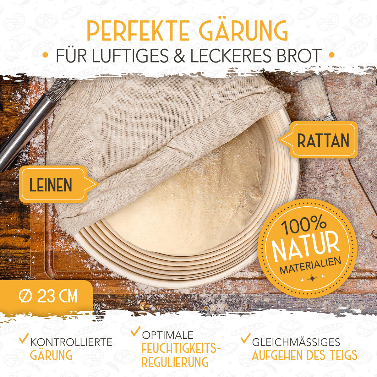 Ein aus 100% Naturmaterial bestehender Rattan Krustenzauber Gärkörbchen steht auf einem Tisch. 